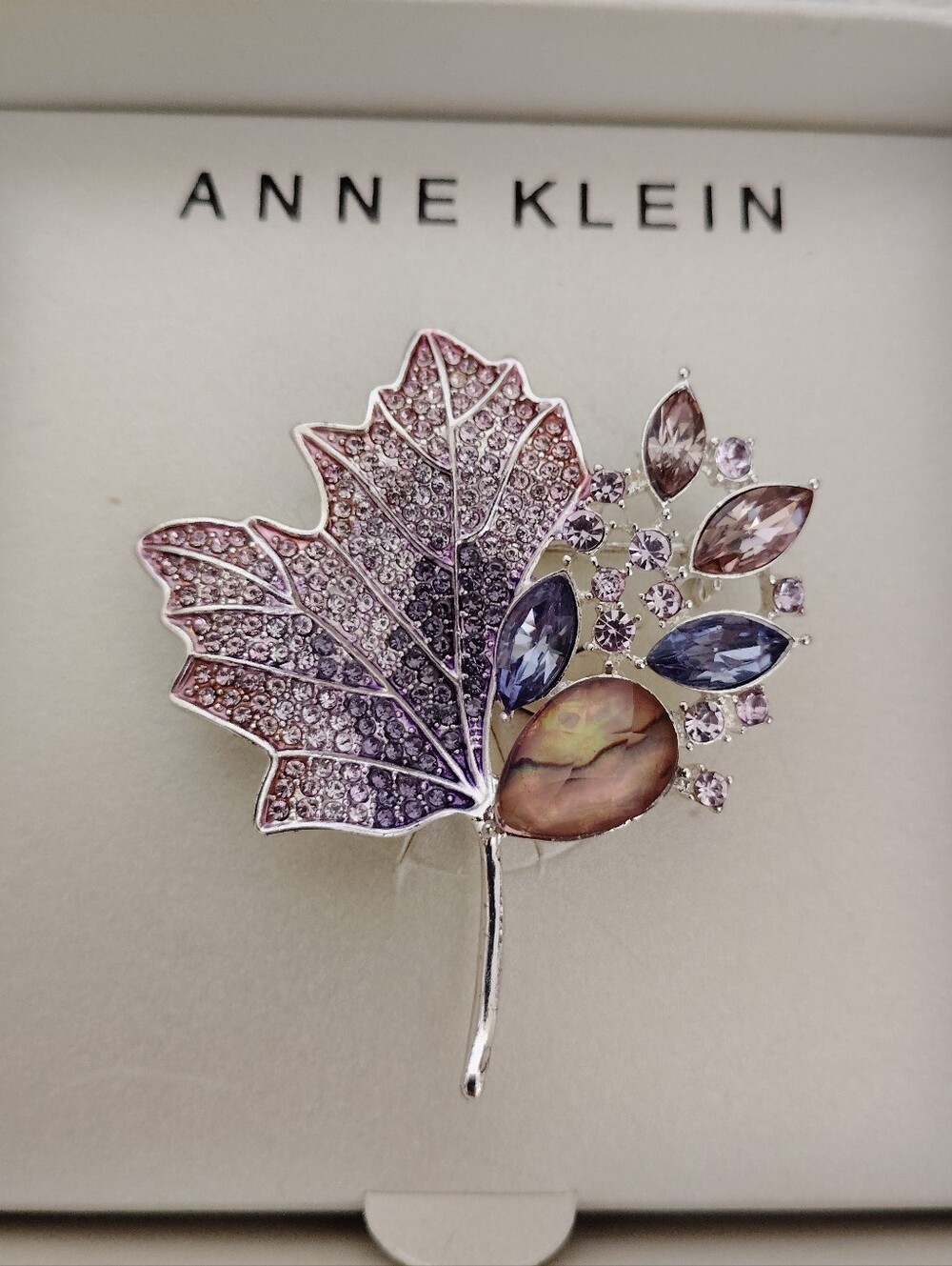 Anne Klein Lavender Rhinestone Glass Crystal Leaf Brooch